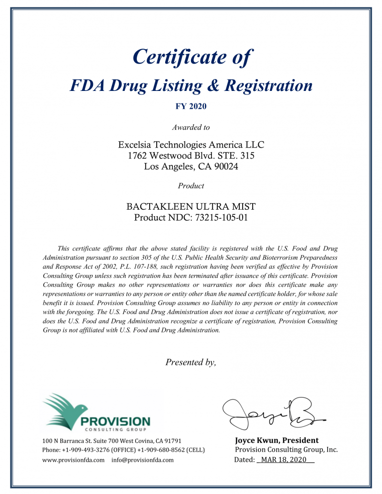 Bactakleen ultra mist cert 2020_FDA-1
